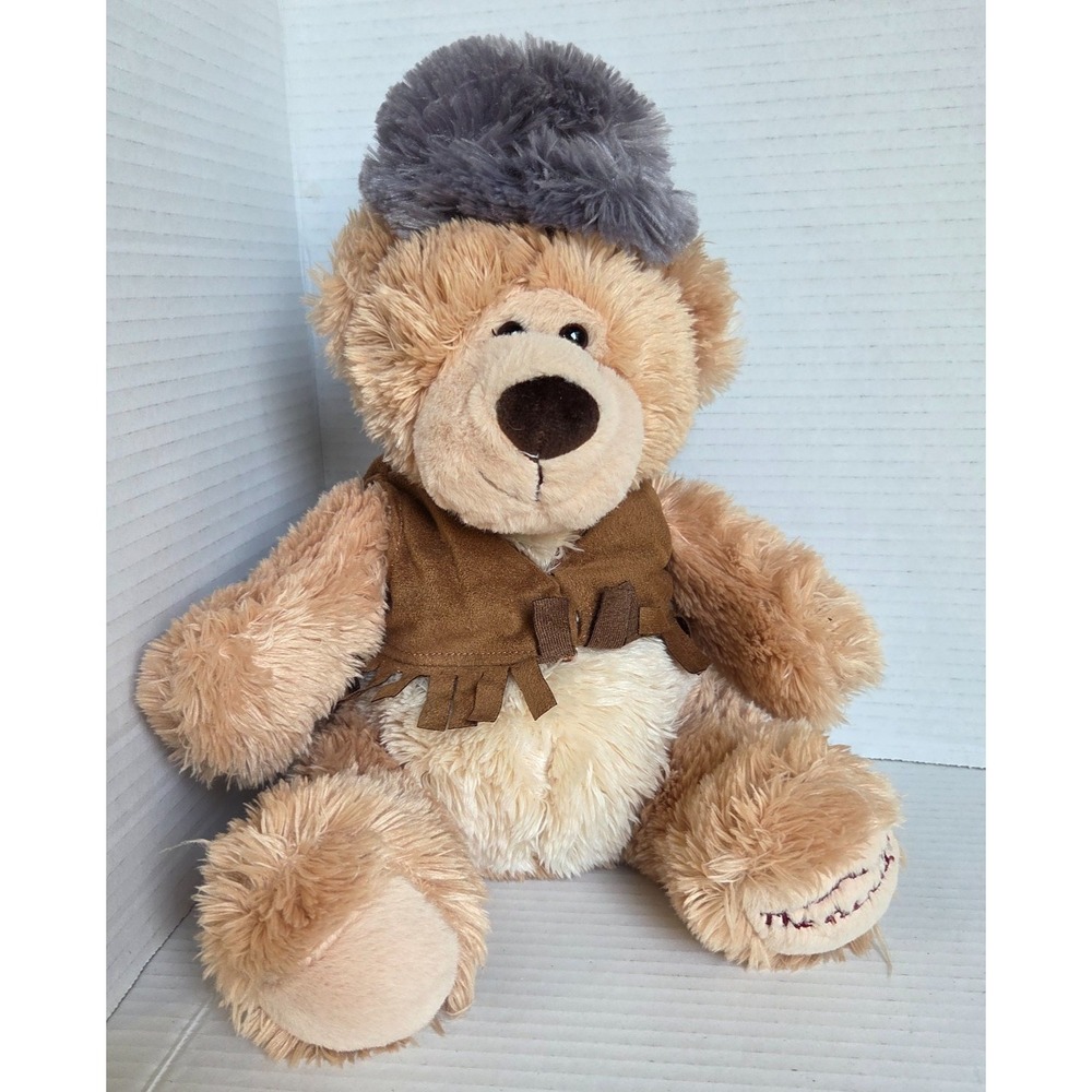 Aurora Davy Crockett The Alamo Plush Brown Teddy Bear Stuffed Animal Vest &‎ Cap